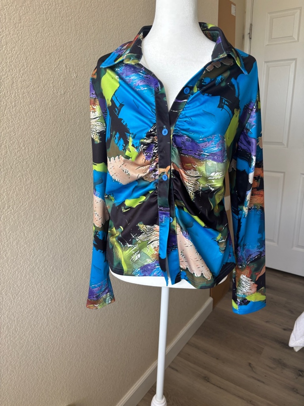 Abstract Print Button-Front Blouse - Blue Multi